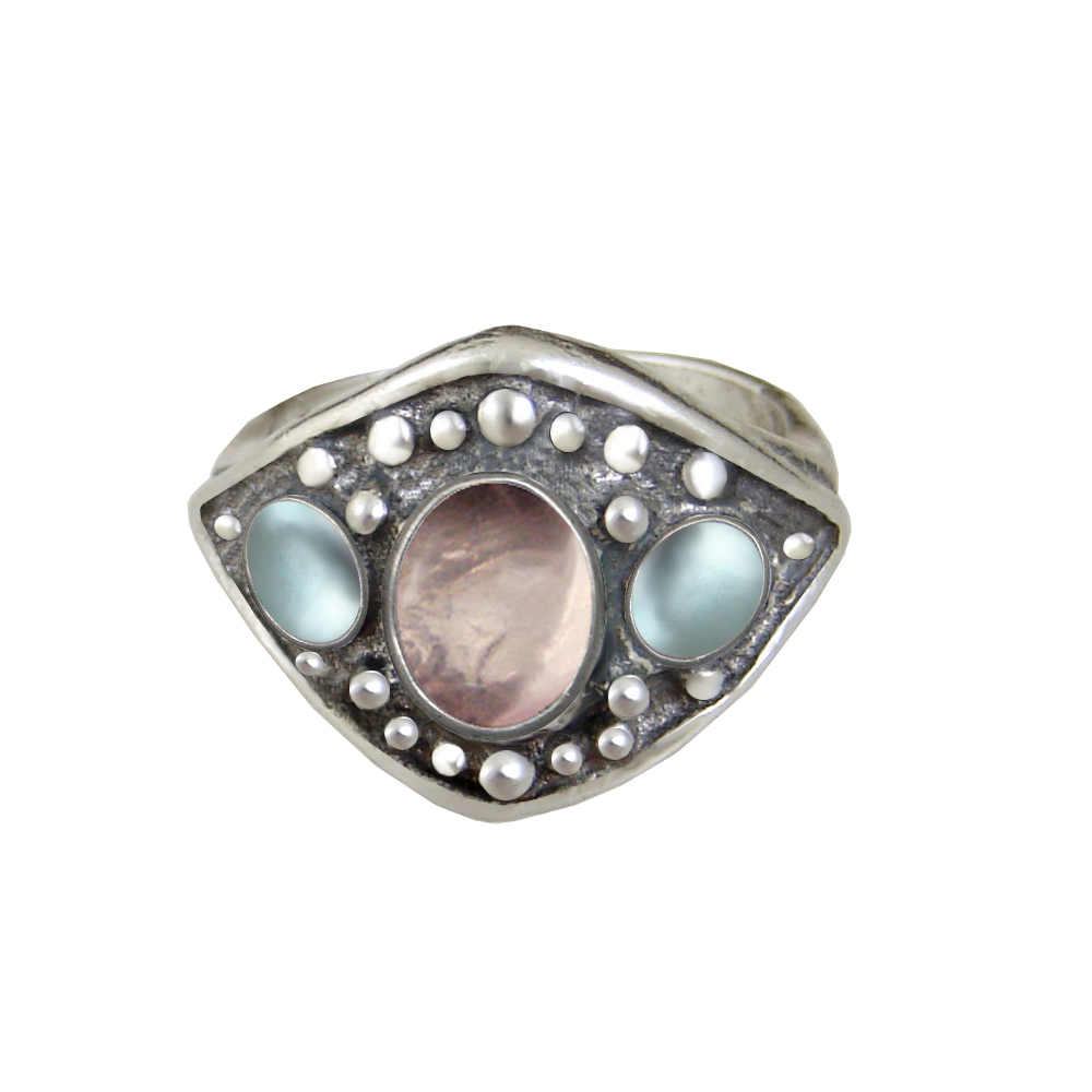 Sterling Silver Medieval Lady's Ring with Rose Quartz And Blue Topaz Size 9